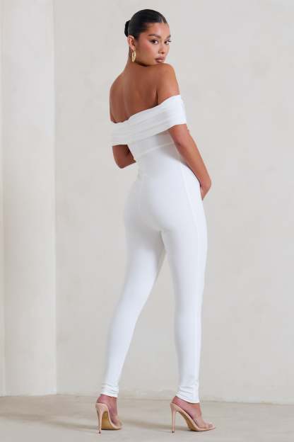 Carefully Crafted White Maternity Bardot Fitted Jumpsuit-Babyboo Dress Store. All Rights Reserved.