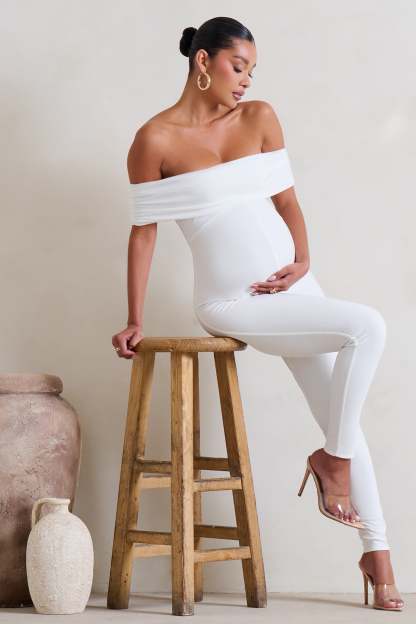 Carefully Crafted White Maternity Bardot Fitted Jumpsuit-Babyboo Dress Store. All Rights Reserved.