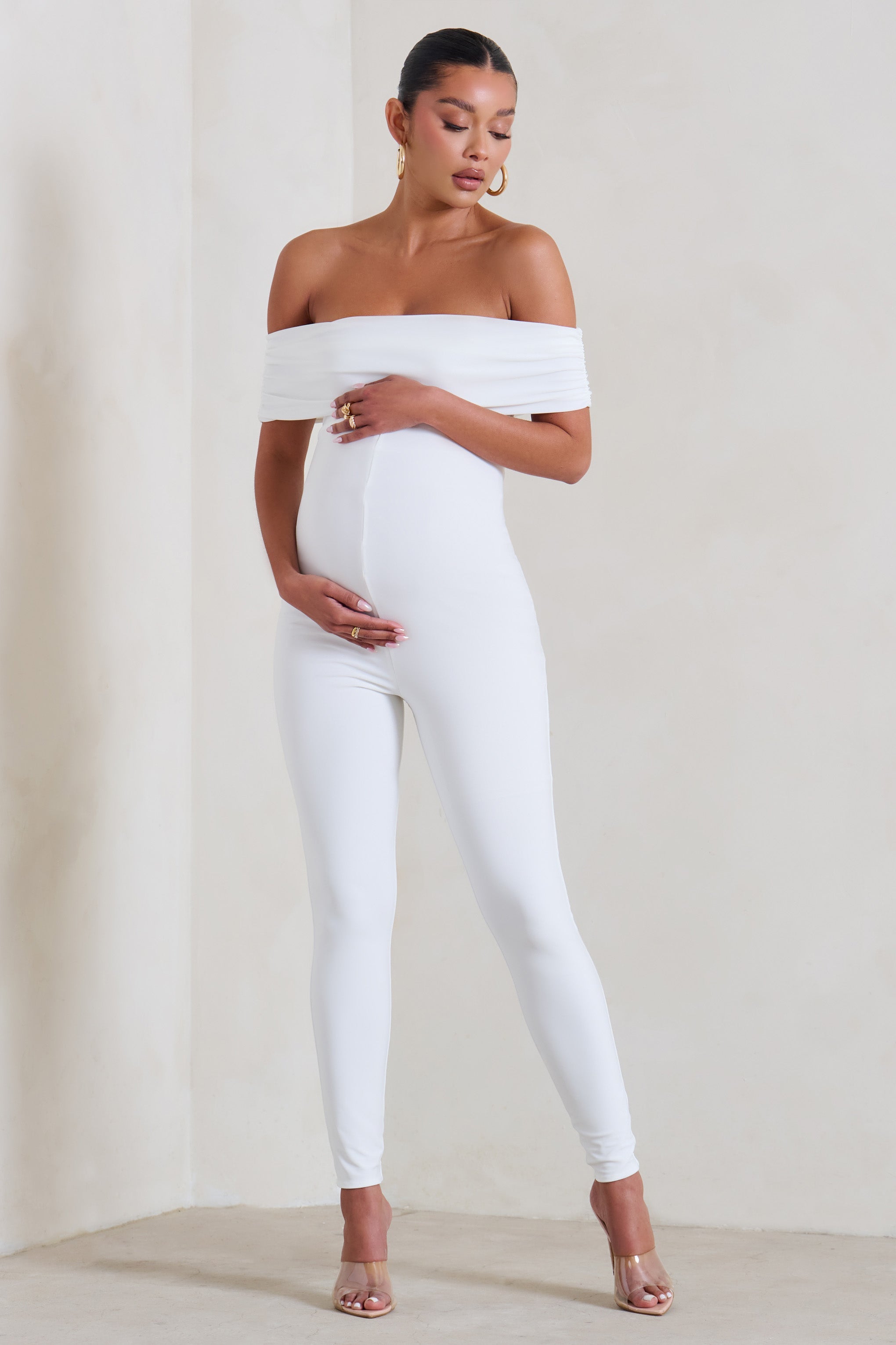 Carefully Crafted White Maternity Bardot Fitted Jumpsuit-Babyboo Dress Store. All Rights Reserved.