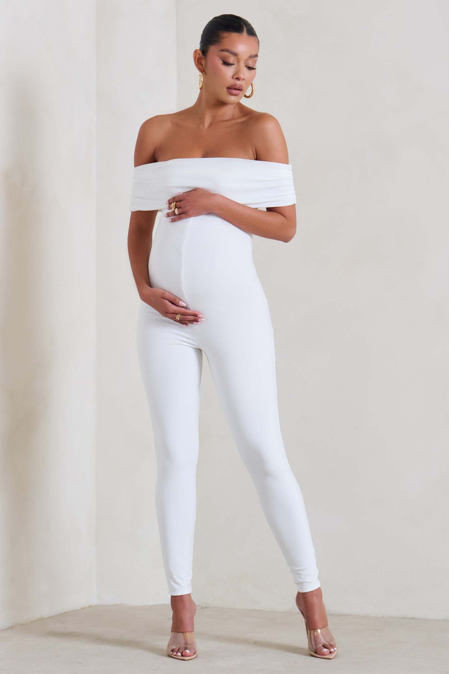 Carefully Crafted White Maternity Bardot Fitted Jumpsuit-Babyboo Dress Store. All Rights Reserved.