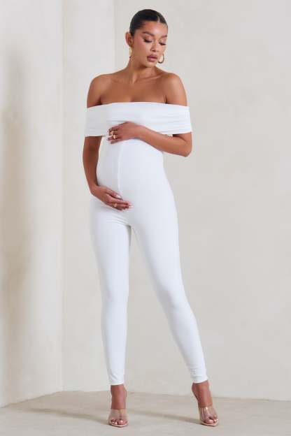 Carefully Crafted White Maternity Bardot Fitted Jumpsuit-Babyboo Dress Store. All Rights Reserved.