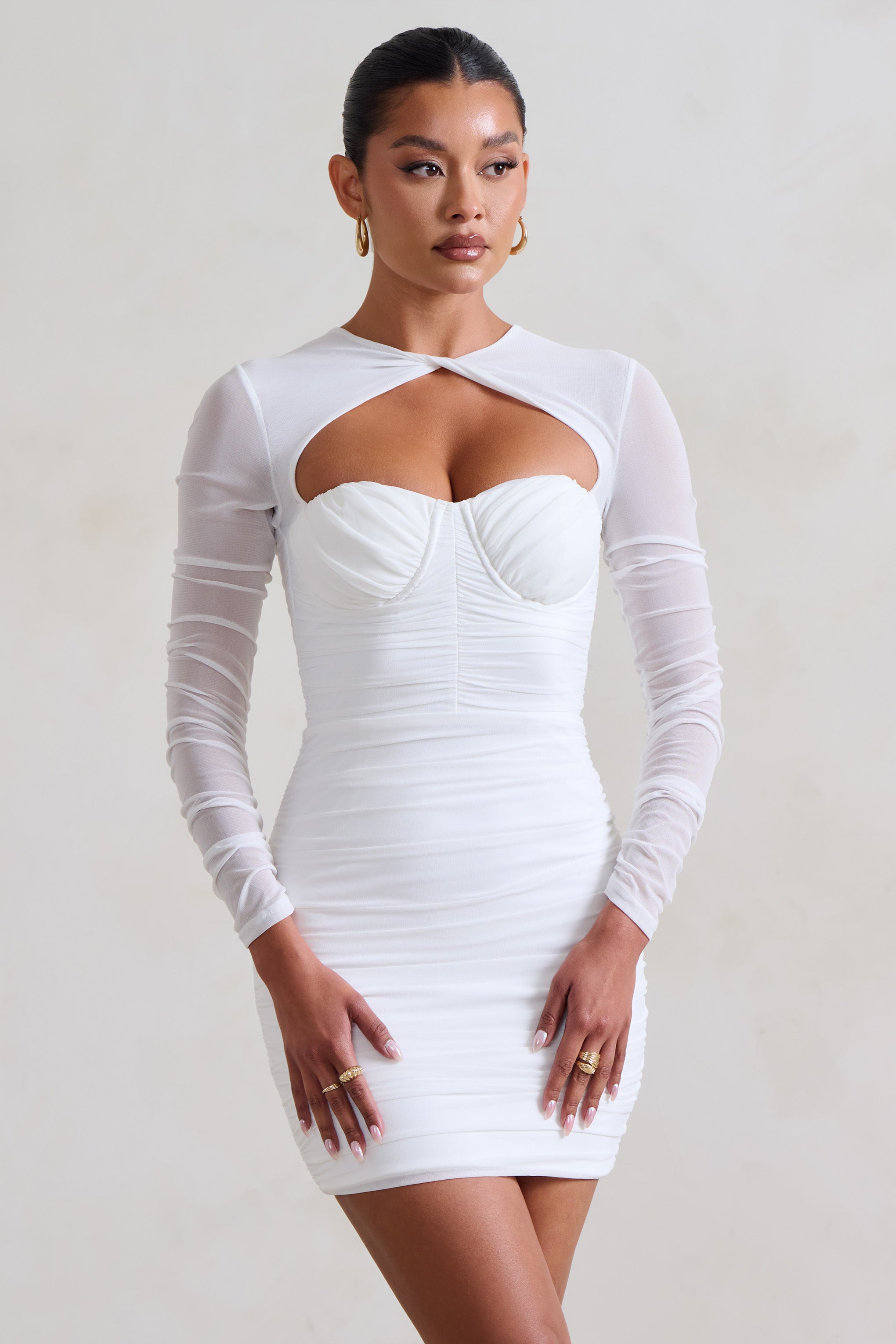 Daiquiri White Ruched Cut Out Mesh Mini Dress With Long Sleeves-Babyboo Dress Store. All Rights Reserved.