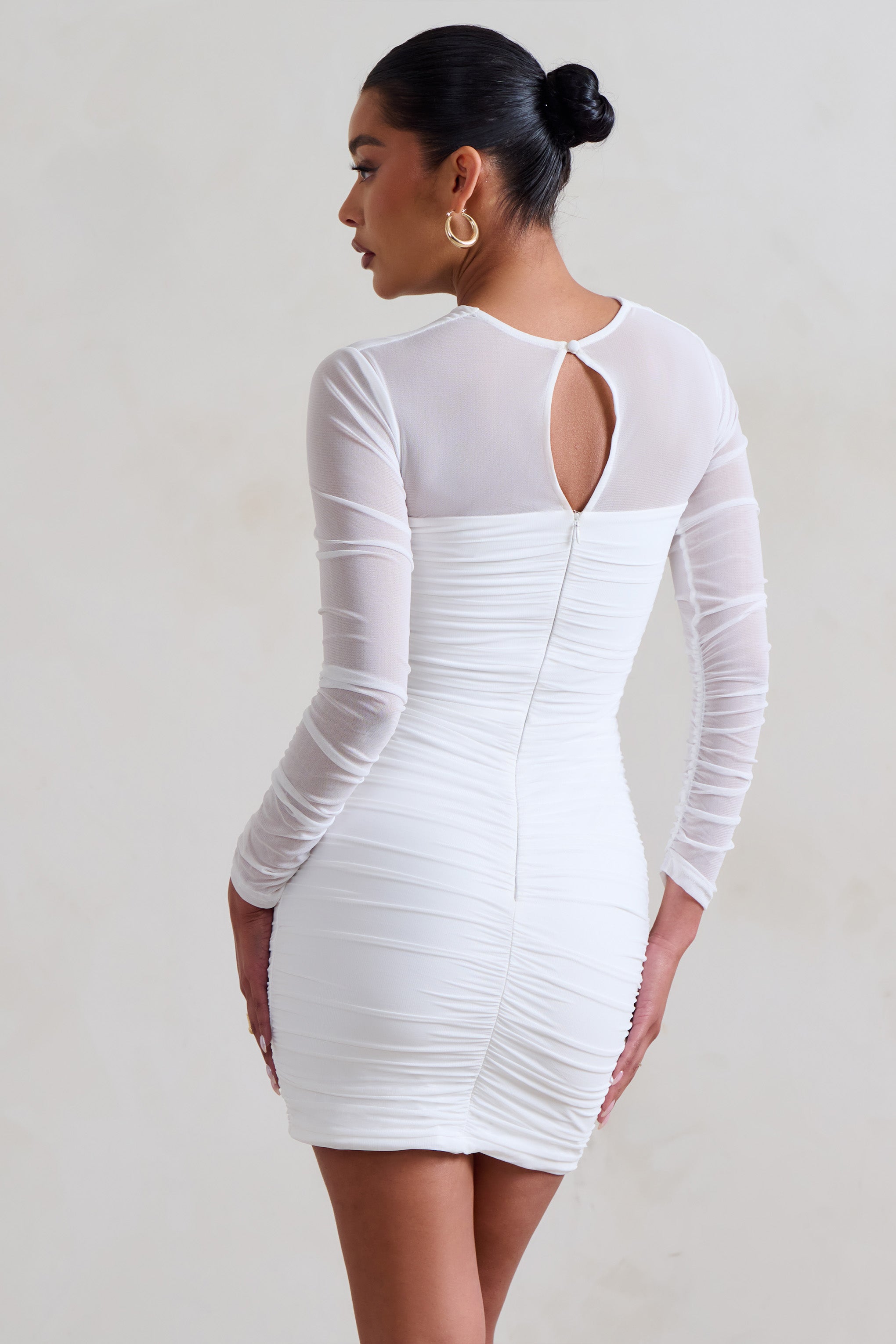 Daiquiri White Ruched Cut Out Mesh Mini Dress With Long Sleeves-Babyboo Dress Store. All Rights Reserved.