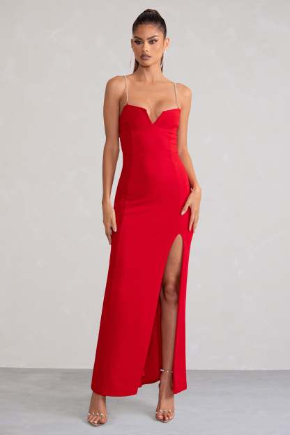 Notes To Self Red Square Neck Thigh Split Maxi Dress-Babyboo Dress Store. All Rights Reserved.