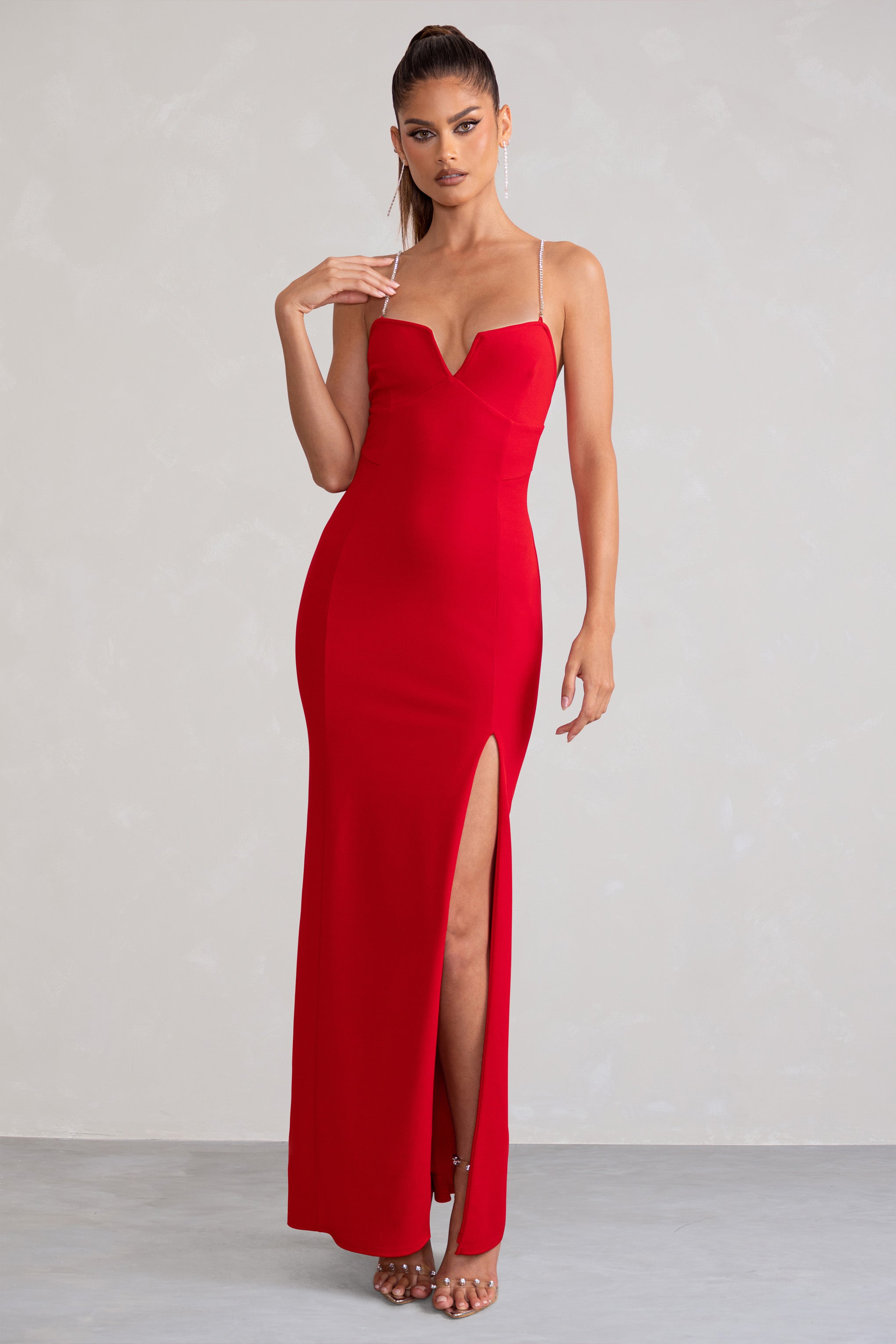 Notes To Self Red Square Neck Thigh Split Maxi Dress-Babyboo Dress Store. All Rights Reserved.