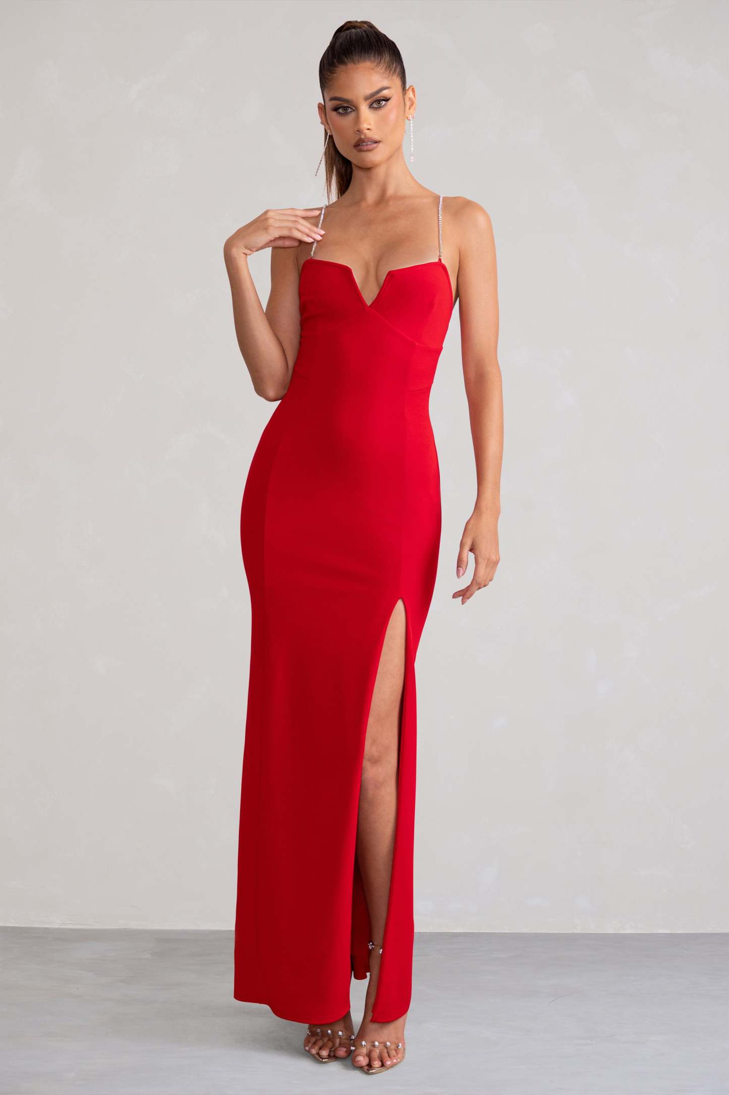 Notes To Self Red Square Neck Thigh Split Maxi Dress-Babyboo Dress Store. All Rights Reserved.