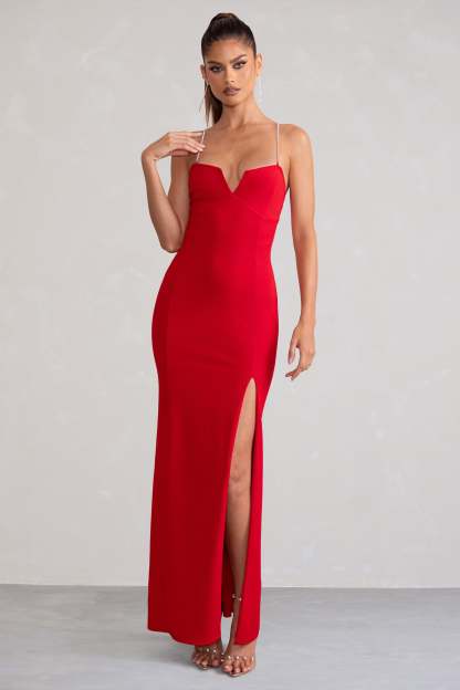 Notes To Self Red Square Neck Thigh Split Maxi Dress-Babyboo Dress Store. All Rights Reserved.
