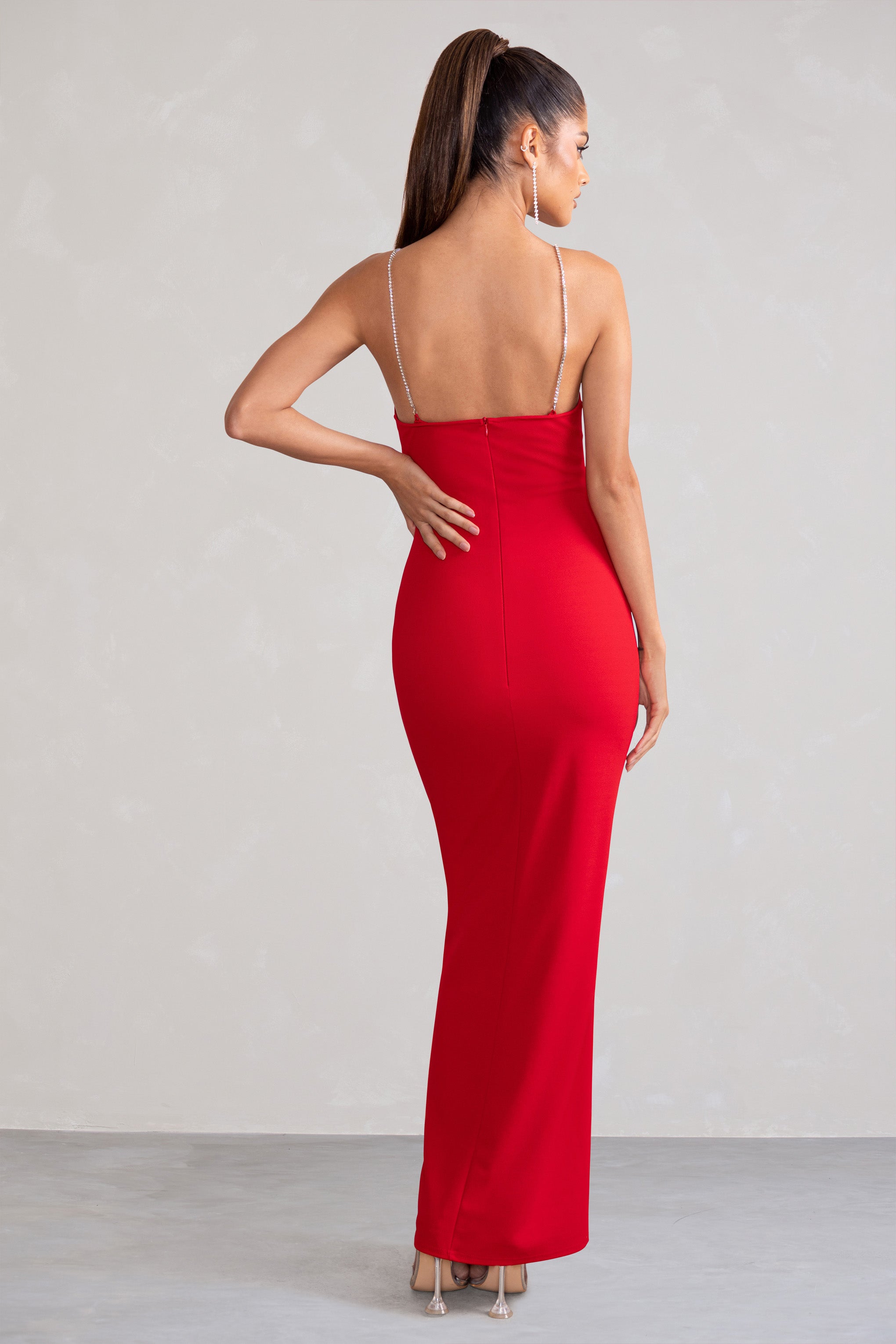 Notes To Self Red Square Neck Thigh Split Maxi Dress-Babyboo Dress Store. All Rights Reserved.