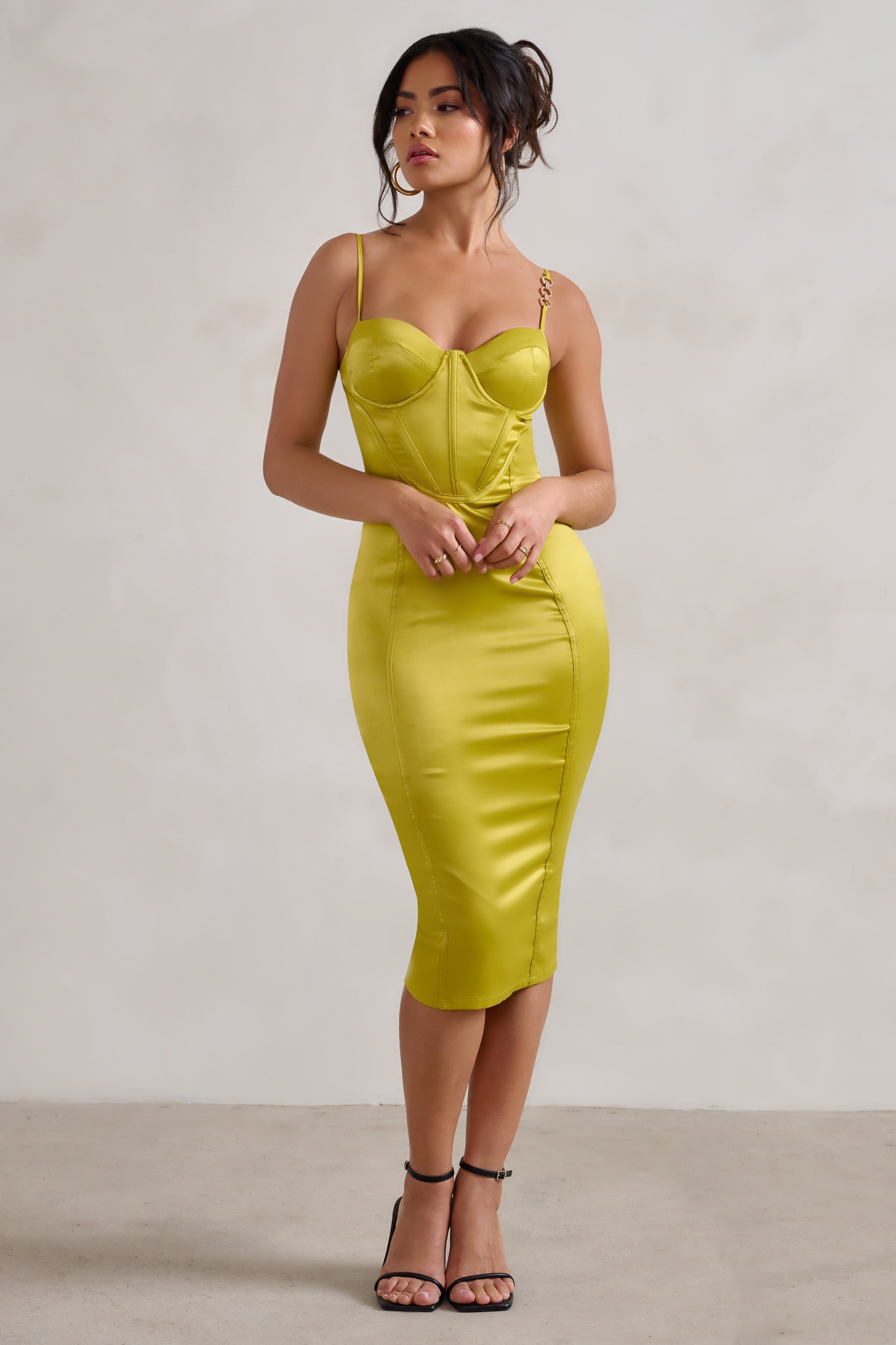Camilla Lime Satin Square Neck Corset Bodice Midi Dress-Babyboo Dress Store. All Rights Reserved.