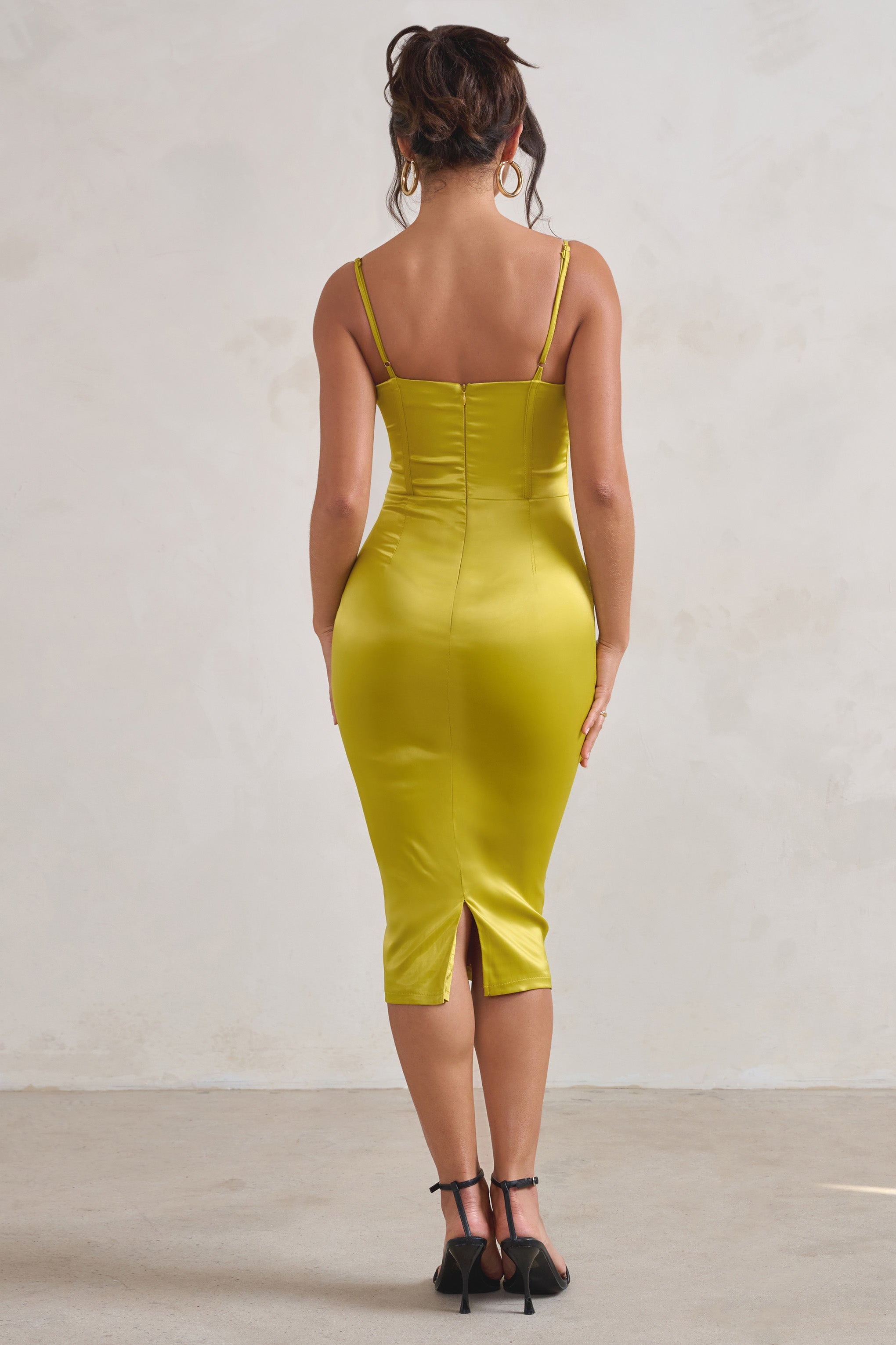 Camilla Lime Satin Square Neck Corset Bodice Midi Dress-Babyboo Dress Store. All Rights Reserved.
