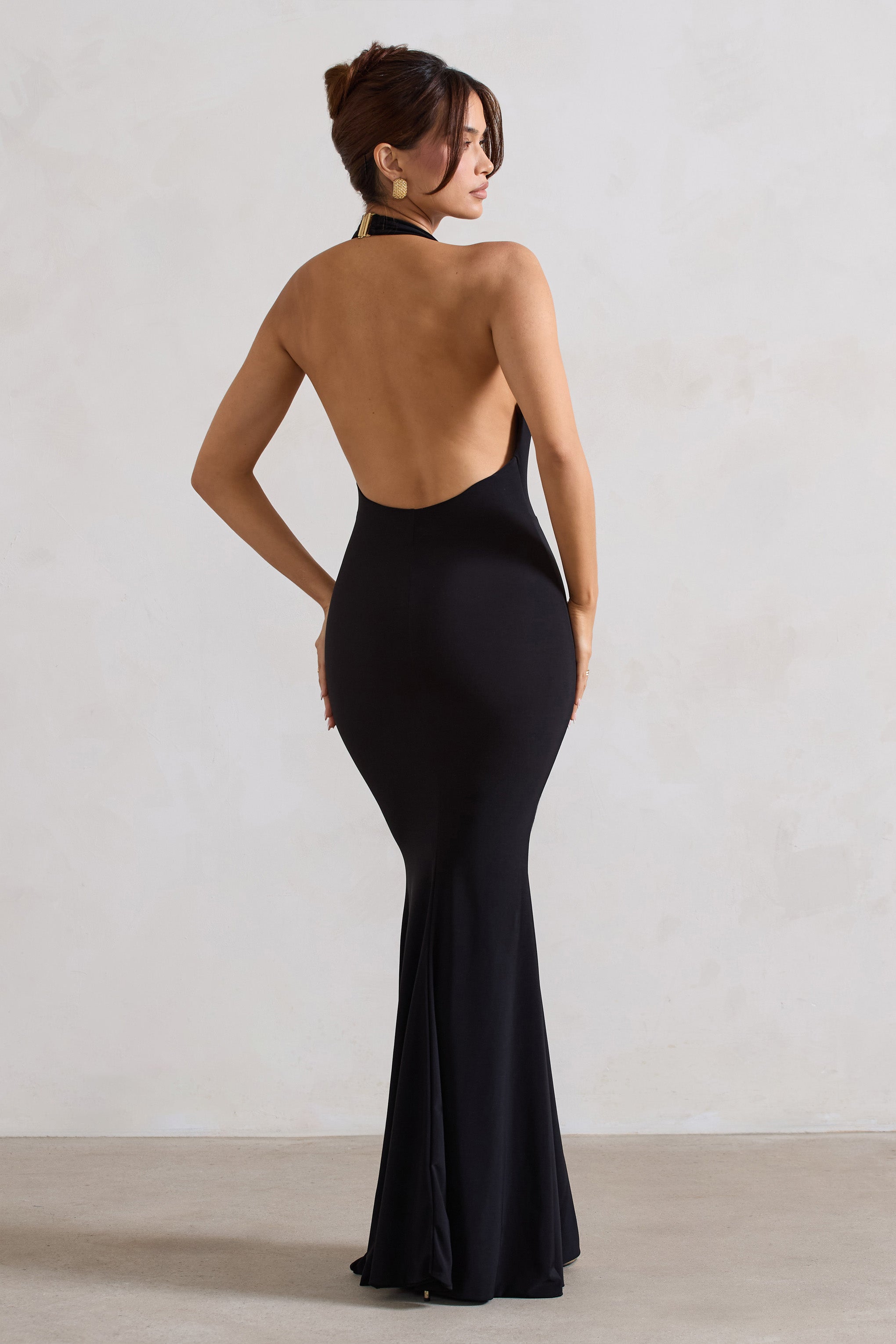 Black Backless Cowl Neck Fishtail Maxi Dress