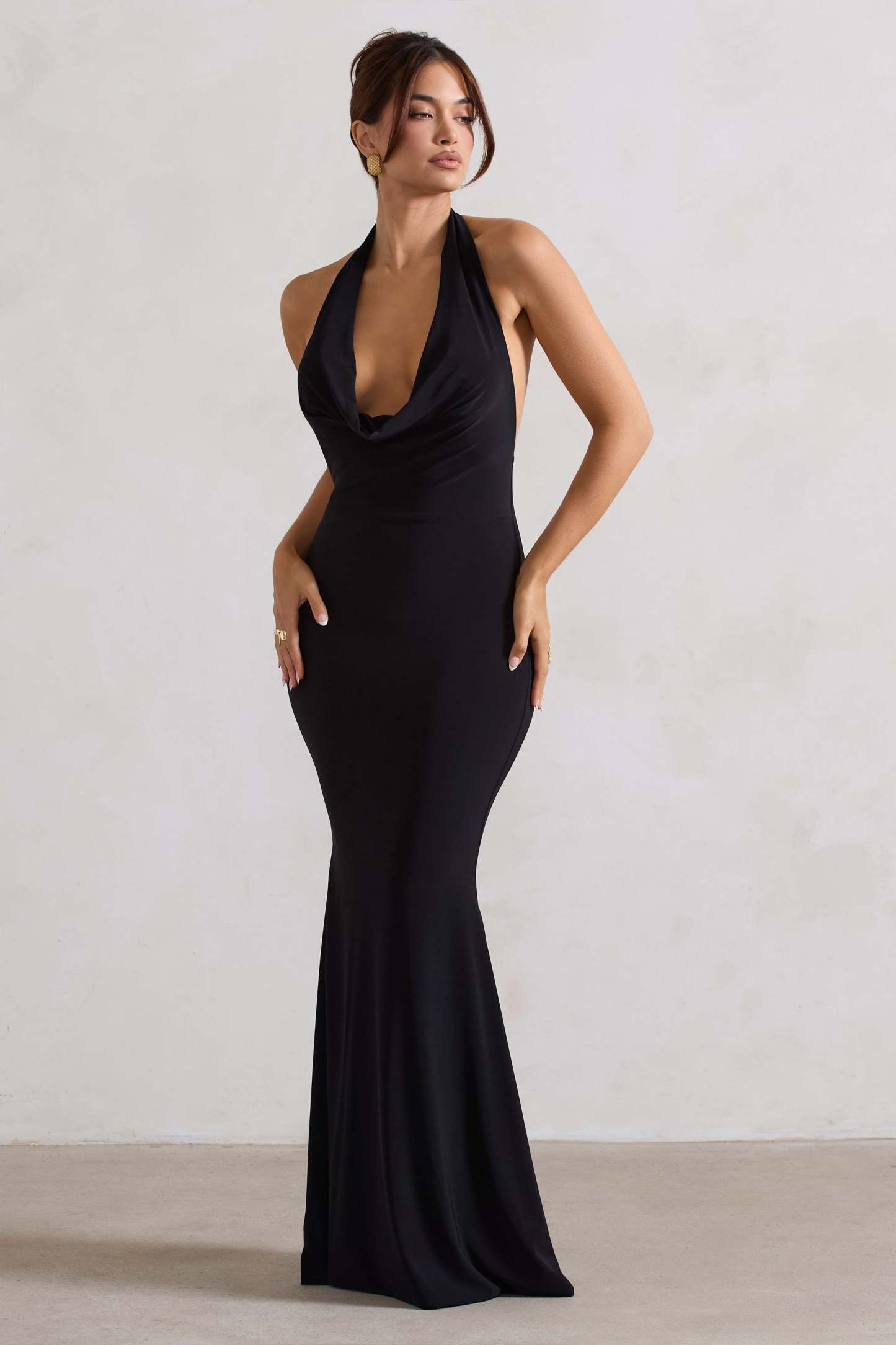 Black Backless Cowl Neck Fishtail Maxi Dress
