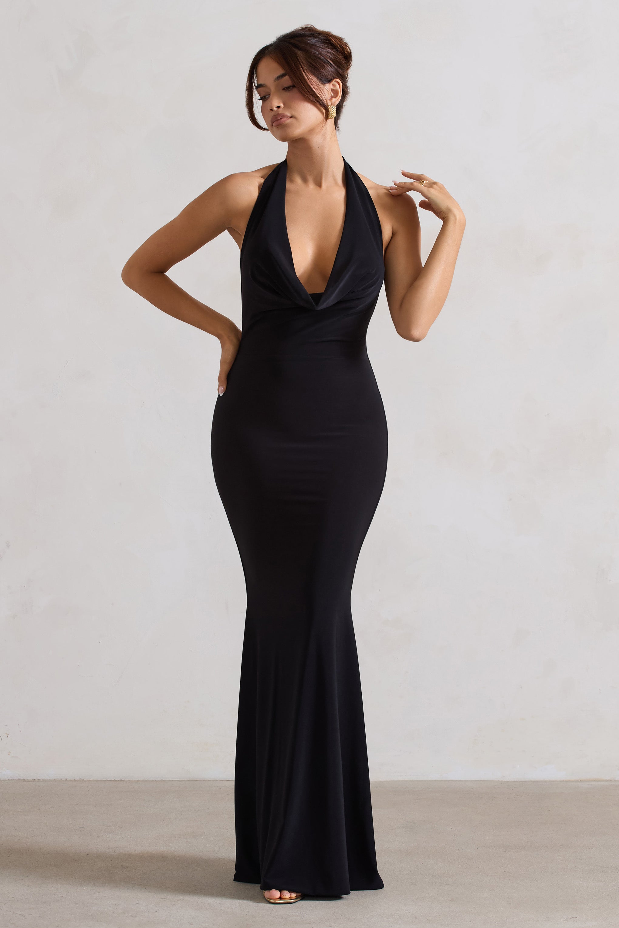 Black Backless Cowl Neck Fishtail Maxi Dress