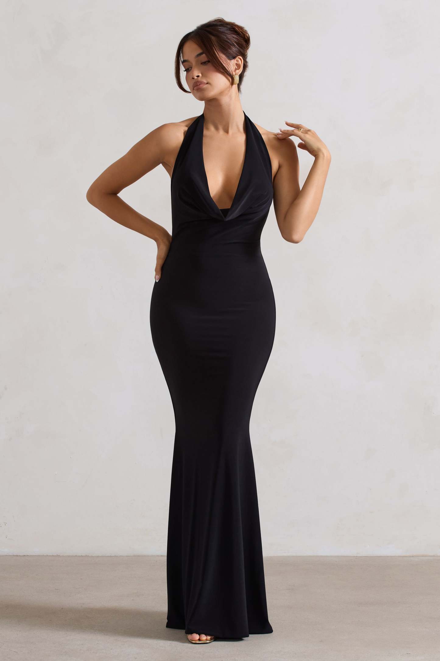 Black Backless Cowl Neck Fishtail Maxi Dress