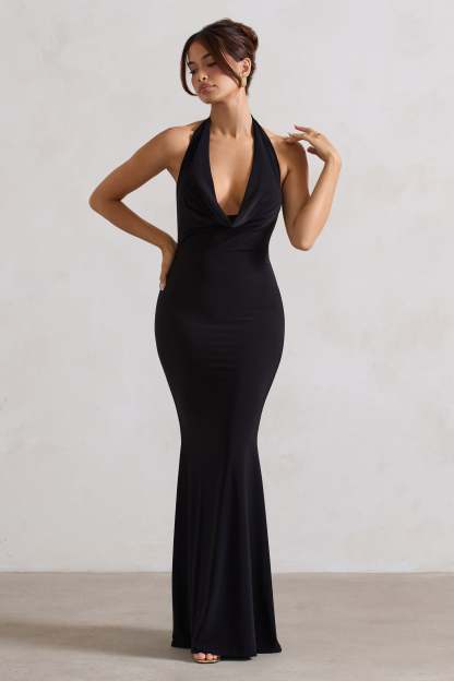 Black Backless Cowl Neck Fishtail Maxi Dress