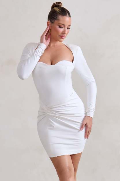 Corelle White Long Sleeve Sweet Heart Twist Detail Mini Dress-Babyboo Dress Store. All Rights Reserved.