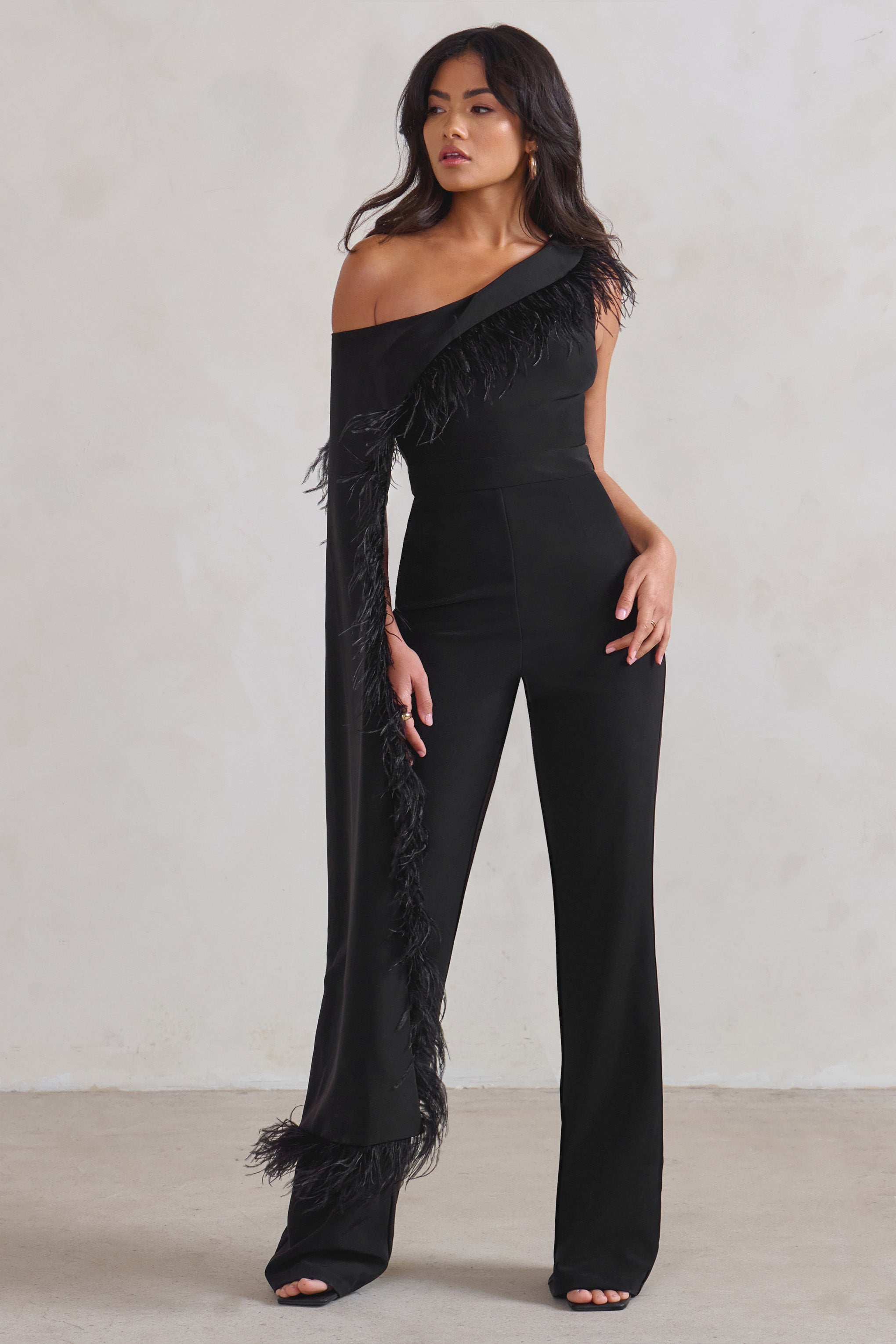 Cindy Black One-Shoulder Cape Jumpsuit with Feather Trim-Babyboo Dress Store. All Rights Reserved.