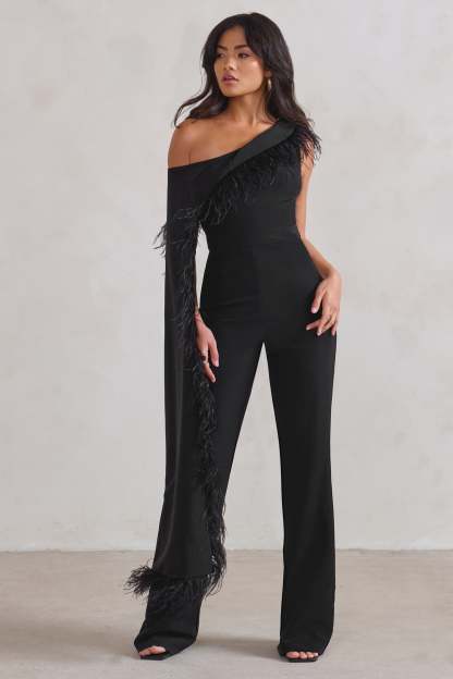 Cindy Black One-Shoulder Cape Jumpsuit with Feather Trim-Babyboo Dress Store. All Rights Reserved.