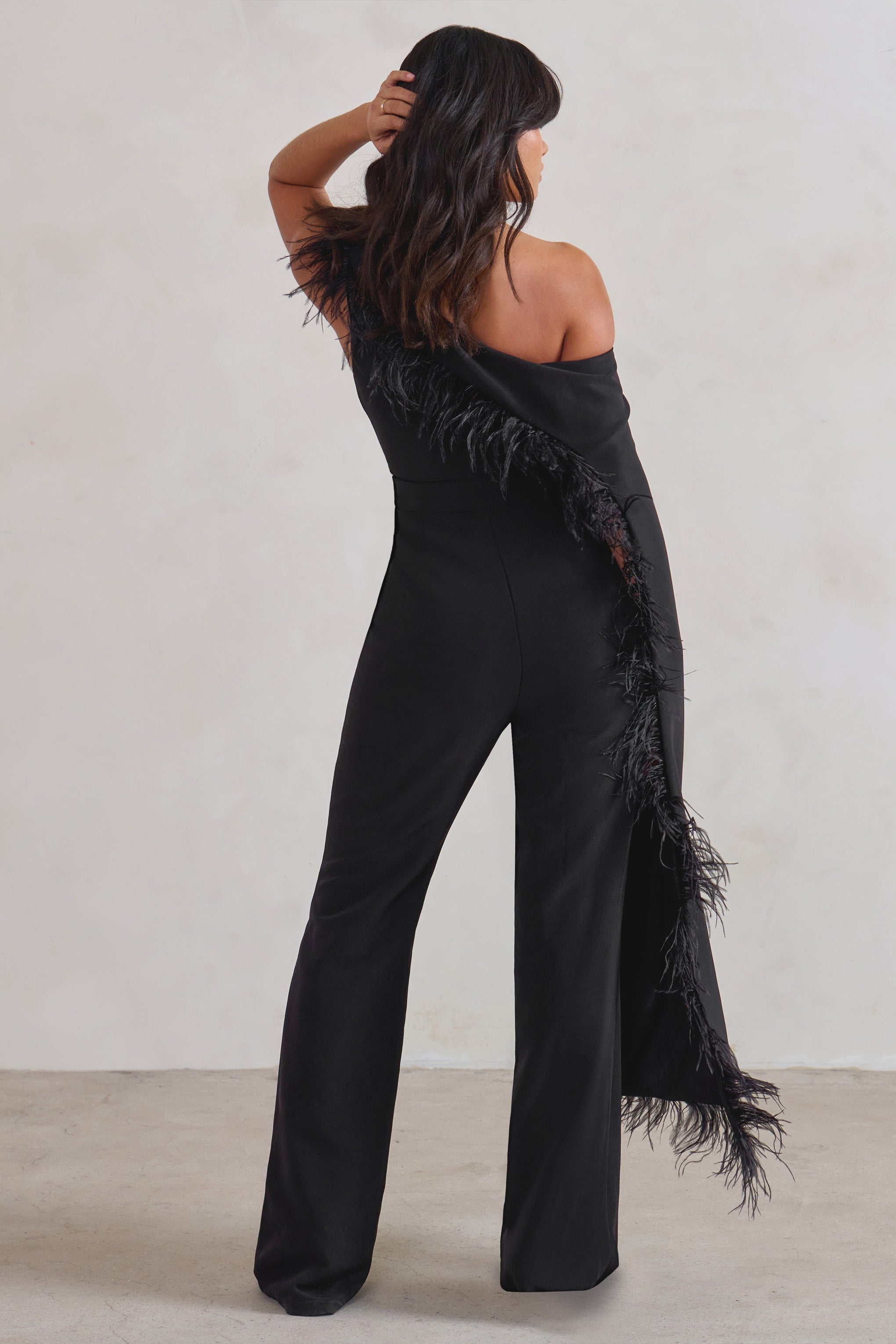 Cindy Black One-Shoulder Cape Jumpsuit with Feather Trim-Babyboo Dress Store. All Rights Reserved.