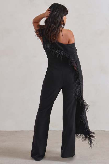 Cindy Black One-Shoulder Cape Jumpsuit with Feather Trim-Babyboo Dress Store. All Rights Reserved.