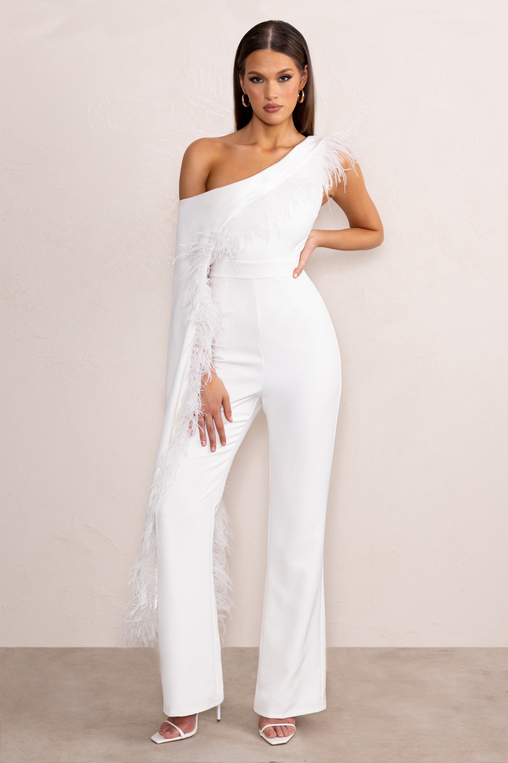 Cindy White One-Shoulder Cape Jumpsuit with Feather Trim-Babyboo Dress Store. All Rights Reserved.