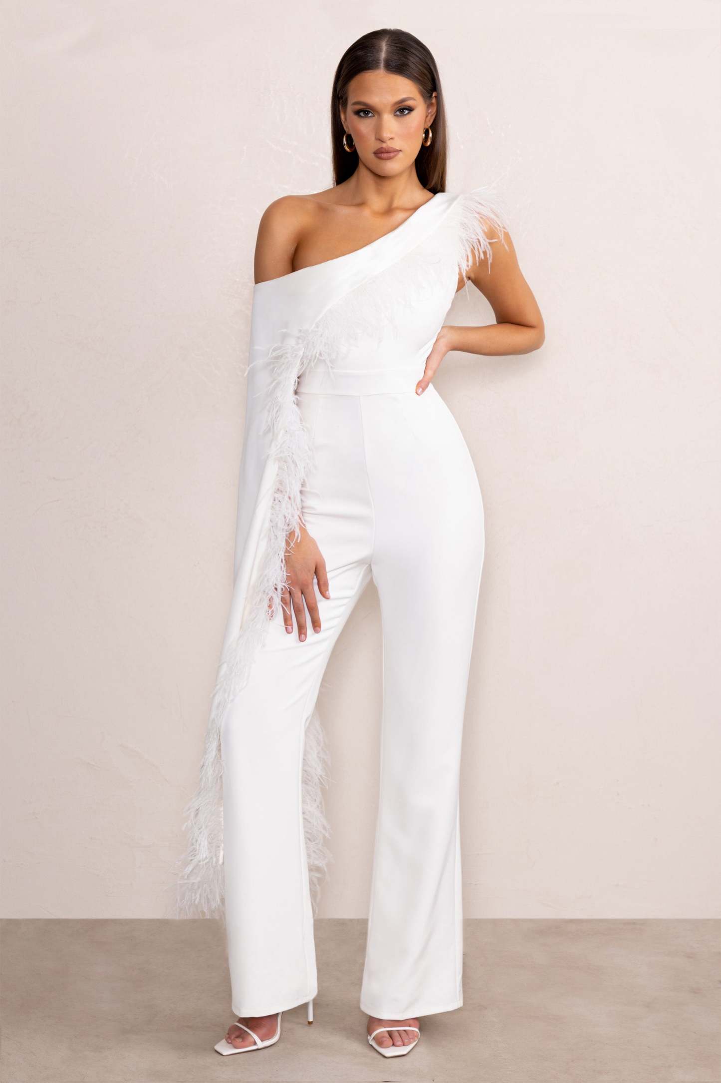 Cindy White One-Shoulder Cape Jumpsuit with Feather Trim-Babyboo Dress Store. All Rights Reserved.