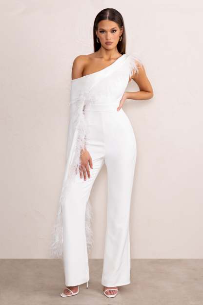 Cindy White One-Shoulder Cape Jumpsuit with Feather Trim-Babyboo Dress Store. All Rights Reserved.