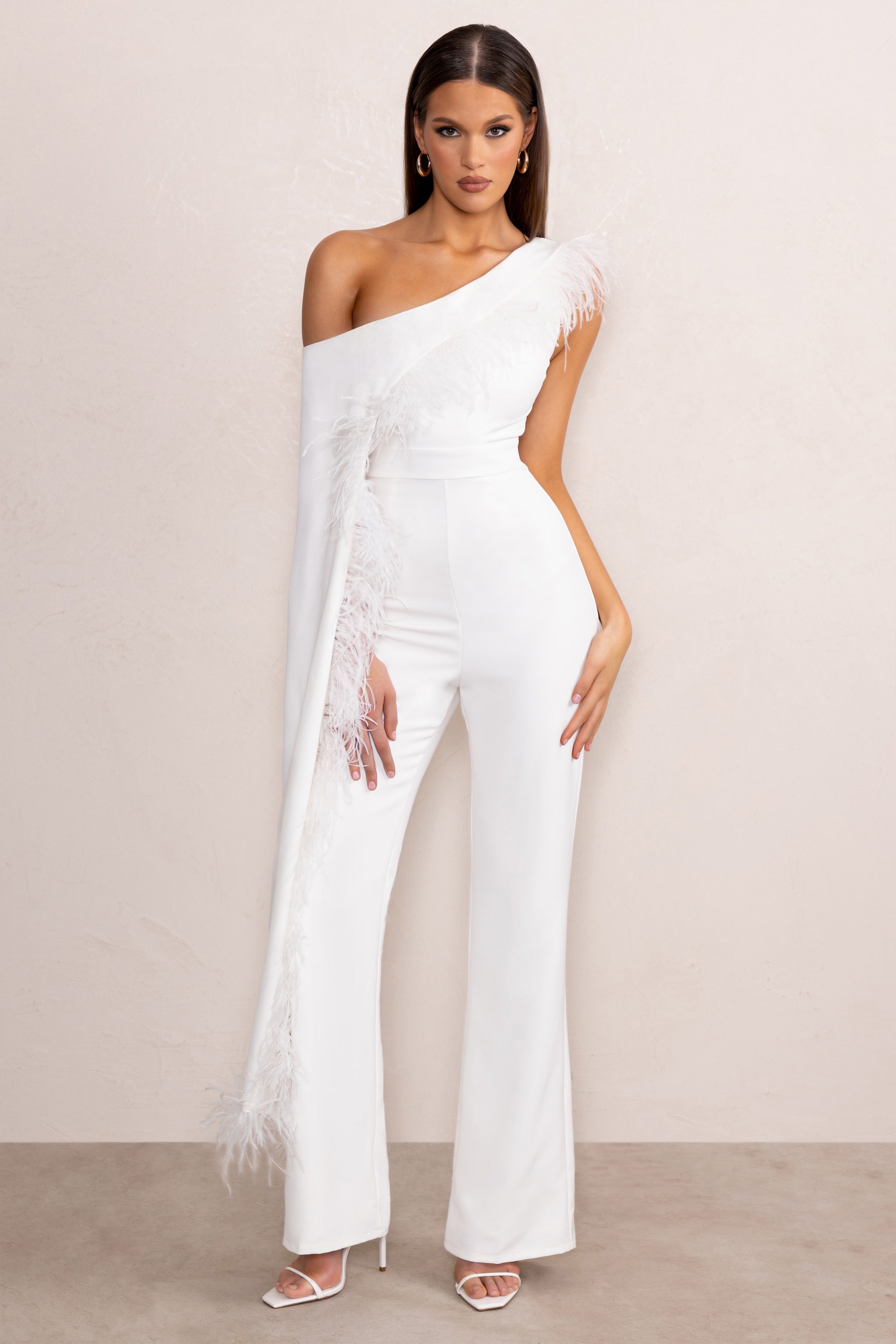 Cindy White One-Shoulder Cape Jumpsuit with Feather Trim-Babyboo Dress Store. All Rights Reserved.