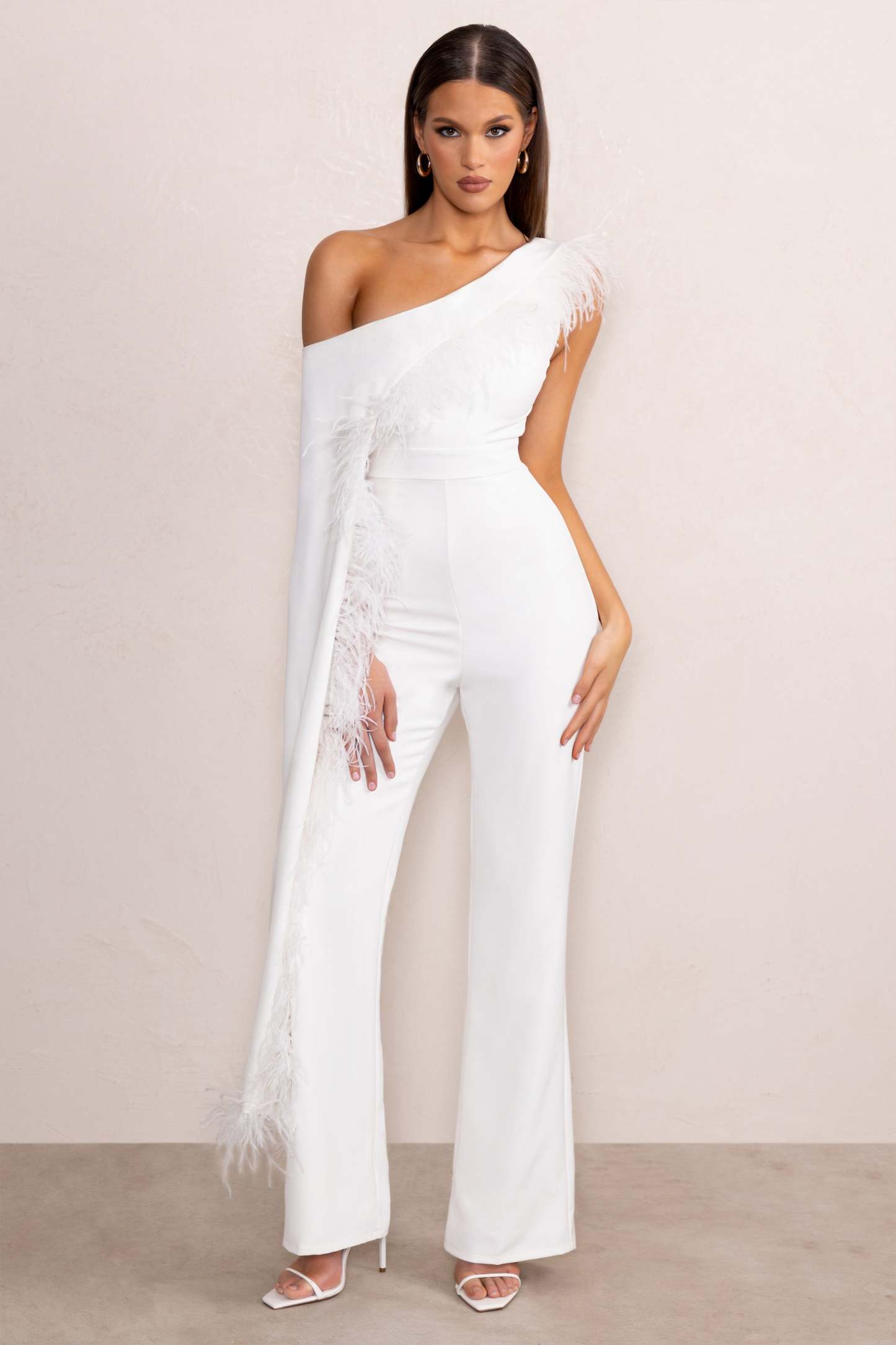 Cindy White One-Shoulder Cape Jumpsuit with Feather Trim-Babyboo Dress Store. All Rights Reserved.