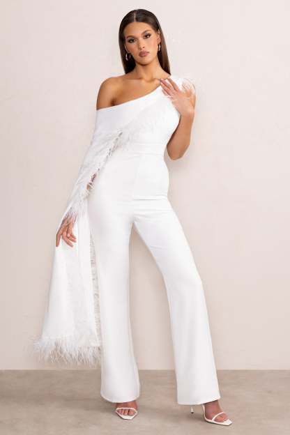 Cindy White One-Shoulder Cape Jumpsuit with Feather Trim-Babyboo Dress Store. All Rights Reserved.