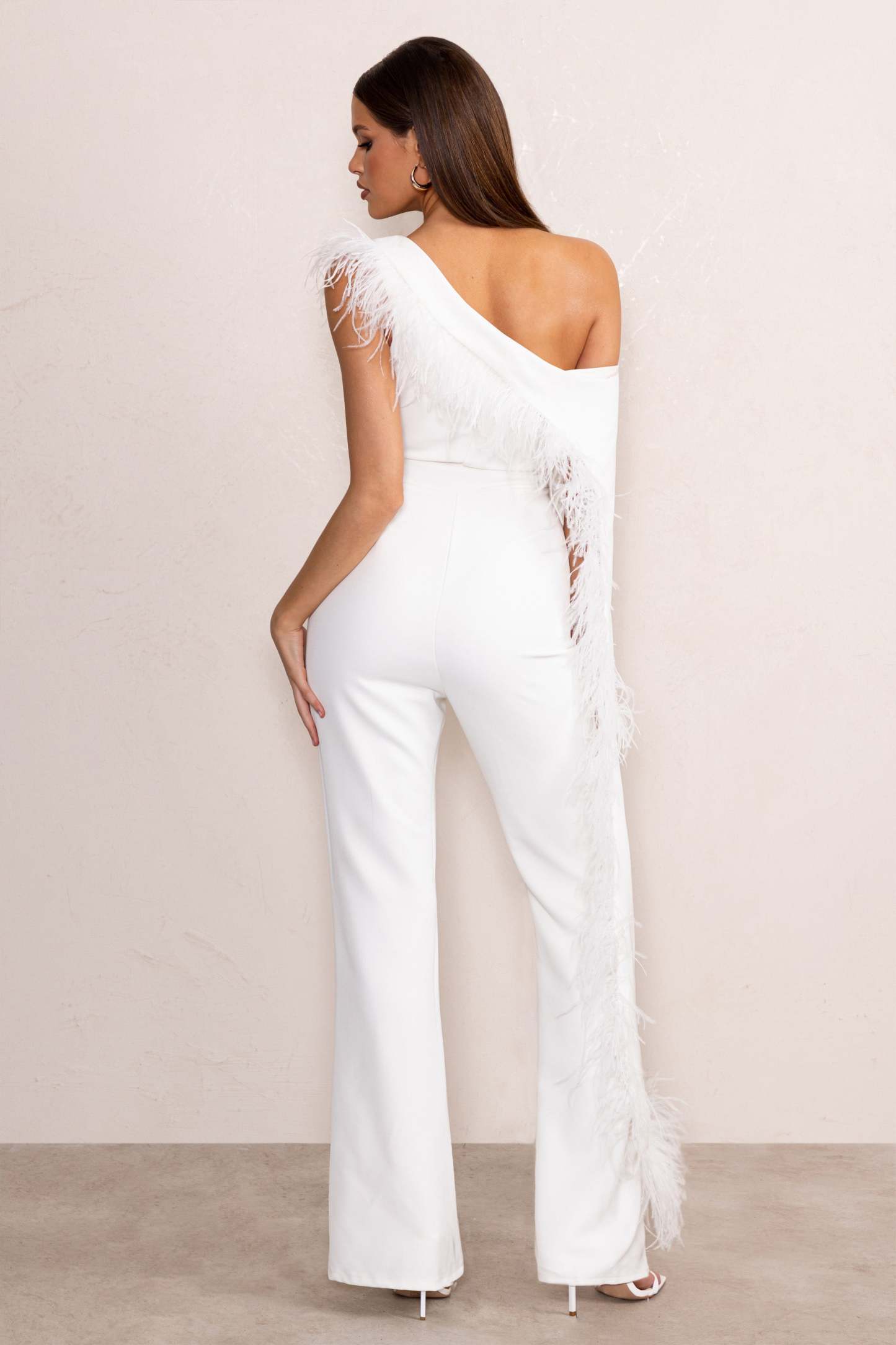 Cindy White One-Shoulder Cape Jumpsuit with Feather Trim-Babyboo Dress Store. All Rights Reserved.