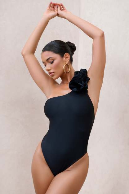 Octavias Black One-Shoulder Floral Swimsuit-Babyboo Dress Store. All Rights Reserved.
