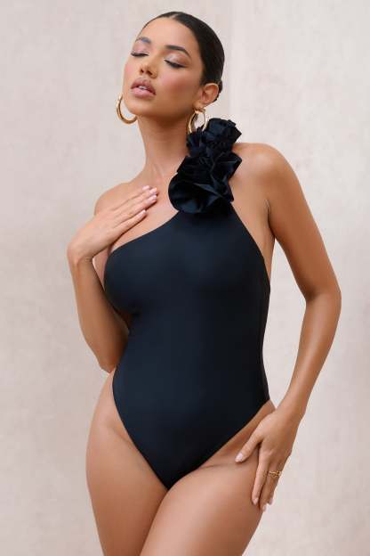 Octavias Black One-Shoulder Floral Swimsuit-Babyboo Dress Store. All Rights Reserved.