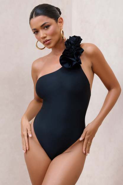 Octavias Black One-Shoulder Floral Swimsuit-Babyboo Dress Store. All Rights Reserved.