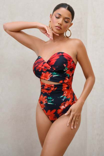 Oyster Multi Print Wrapped Bardot Swimsuit-Babyboo Dress Store. All Rights Reserved.