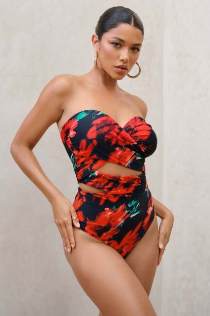 Oyster Multi Print Wrapped Bardot Swimsuit-Babyboo Dress Store. All Rights Reserved.