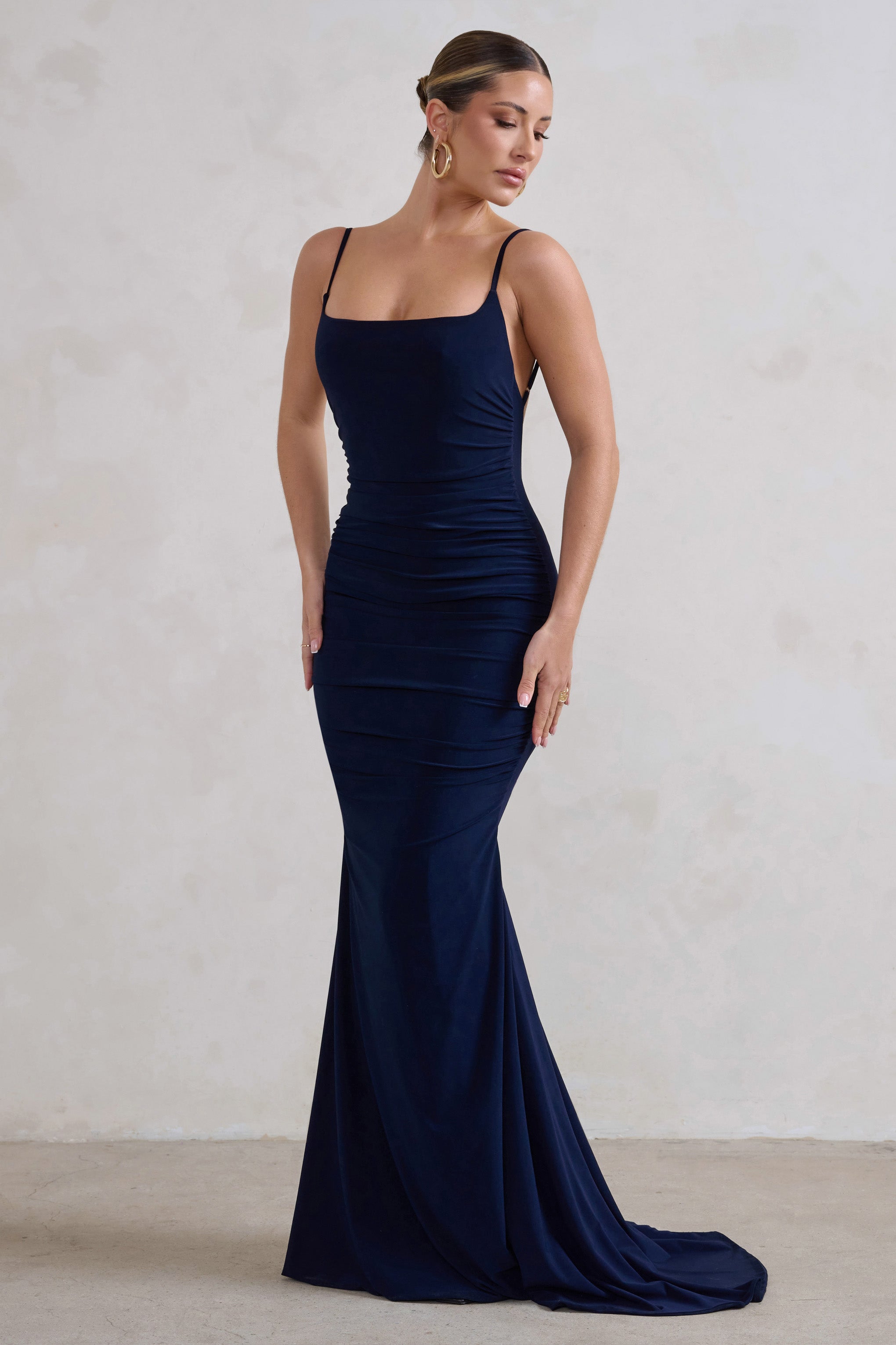 Adele Navy Backless Ruched Fishtail Cami Maxi Dress