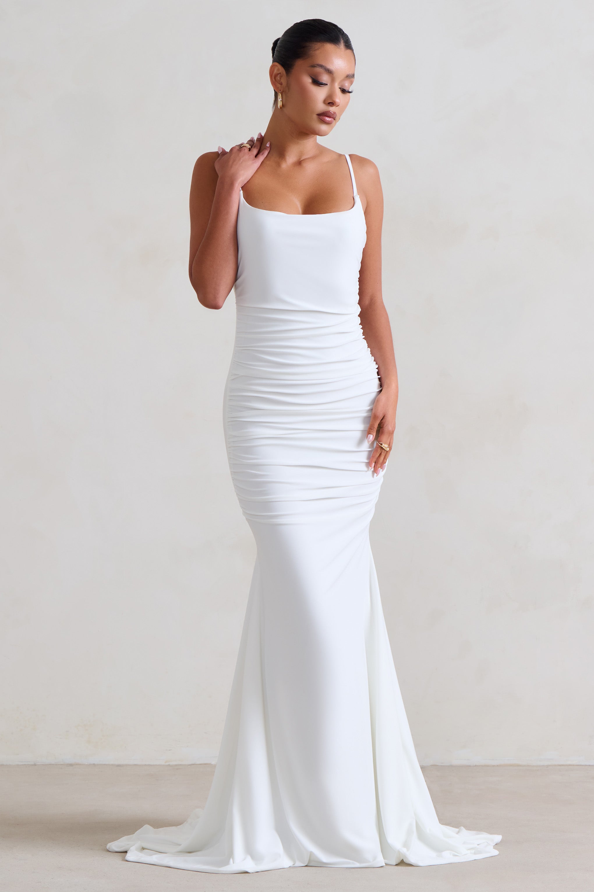 Adele White Ruched Fishtail Cami Maxi Dress