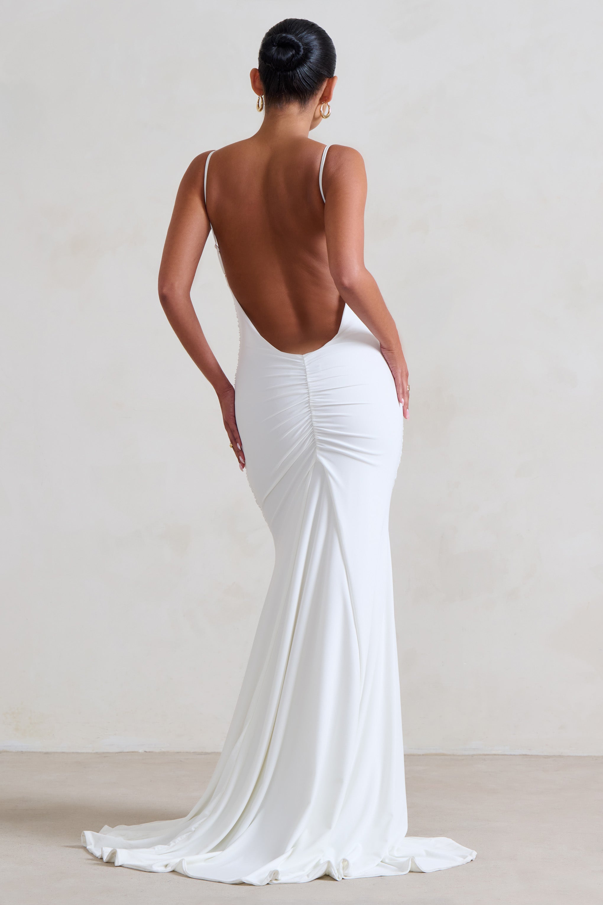 Adele White Ruched Fishtail Cami Maxi Dress