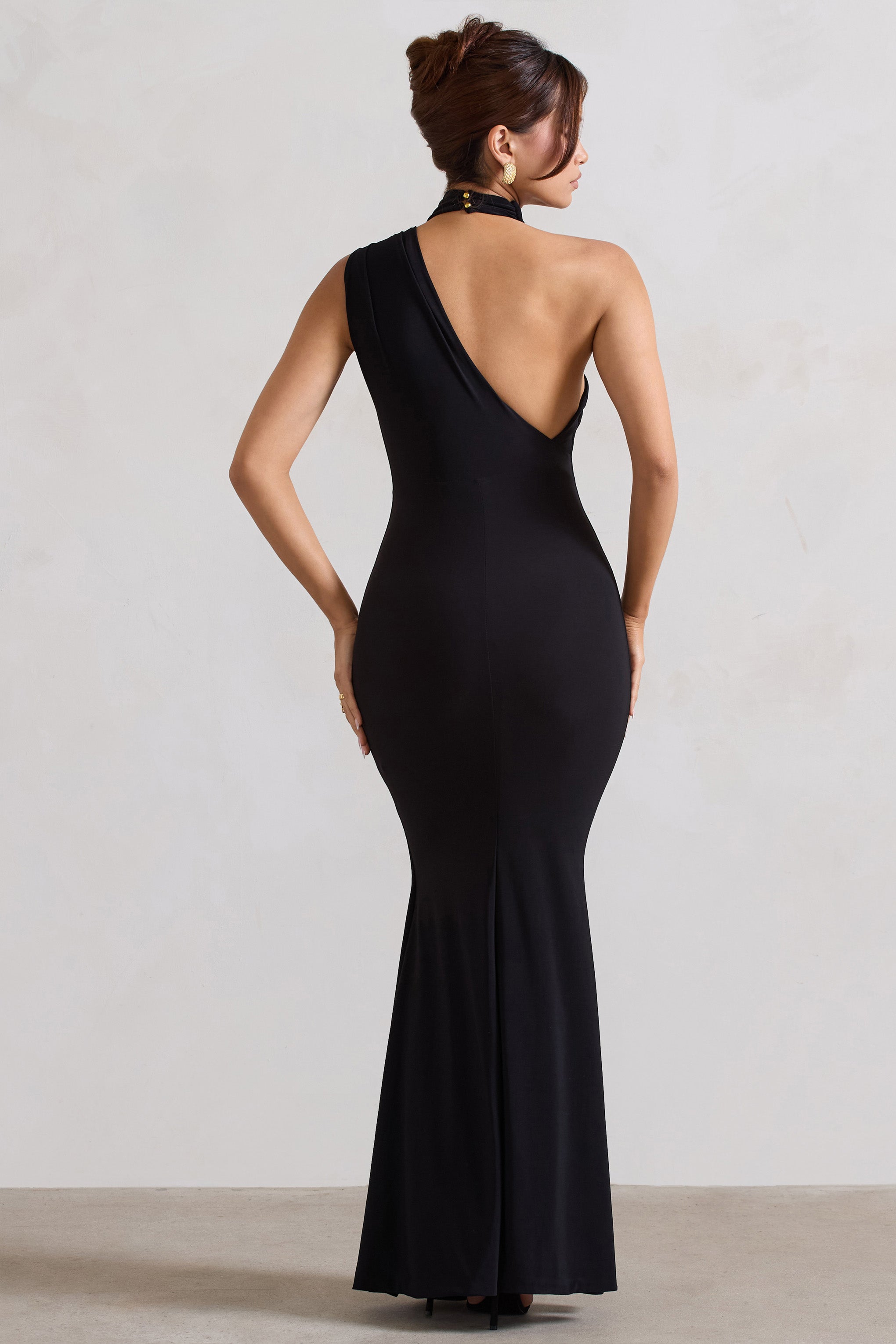 Capucine Black One Shoulder Draped Maxi Dress-Babyboo Dress Store. All Rights Reserved.