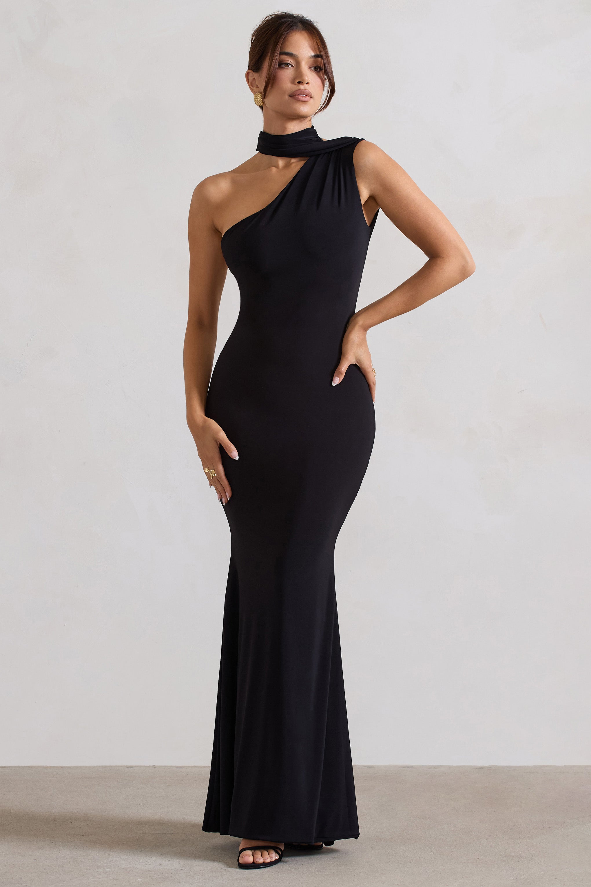 Capucine Black One Shoulder Draped Maxi Dress-Babyboo Dress Store. All Rights Reserved.
