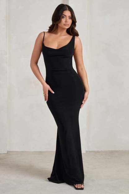 Corinne Black Asymmetric Cowl Neck Backless Maxi Dress-Babyboo Dress Store. All Rights Reserved.