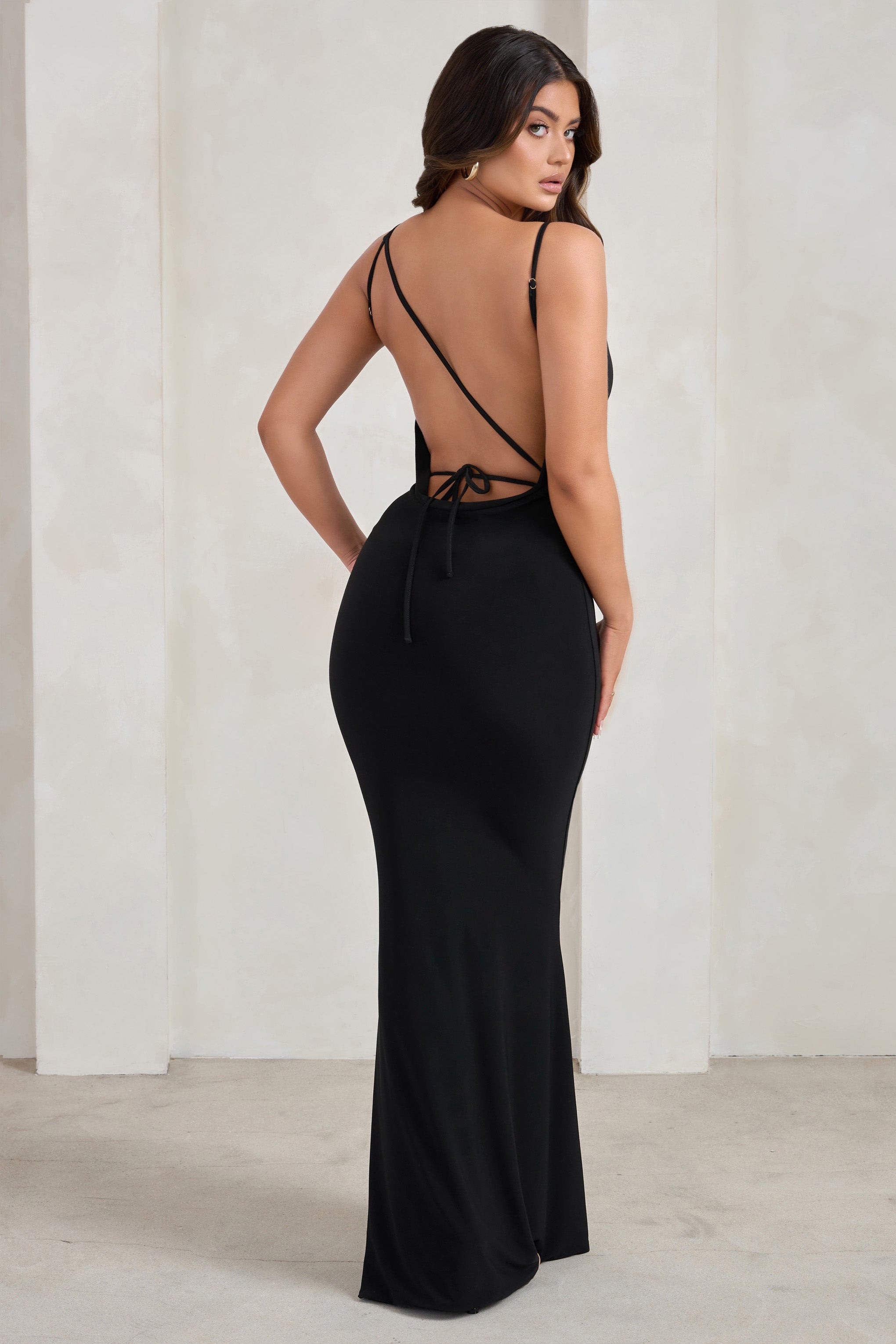 Corinne Black Asymmetric Cowl Neck Backless Maxi Dress-Babyboo Dress Store. All Rights Reserved.