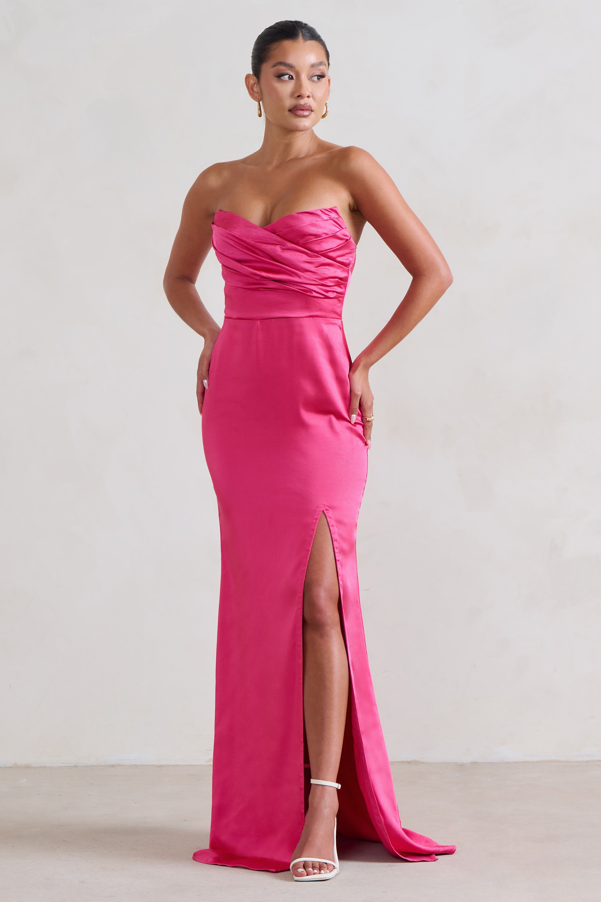 Coraline Hot Pink Strapless Maxi Dress With Split-Babyboo Dress Store. All Rights Reserved.