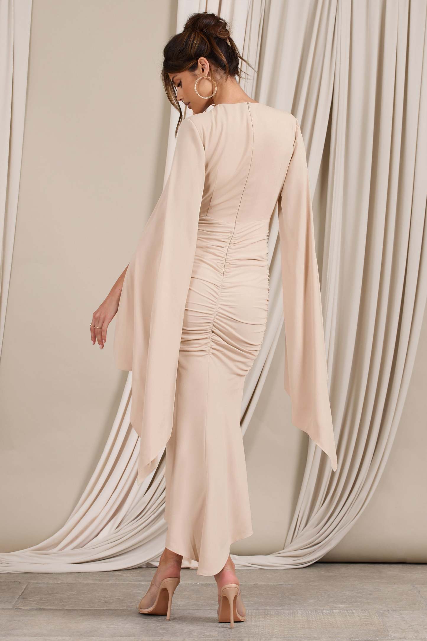 Calla Champagne Ruched Long-Sleeved Flared Midi Dress-Babyboo Dress Store. All Rights Reserved.