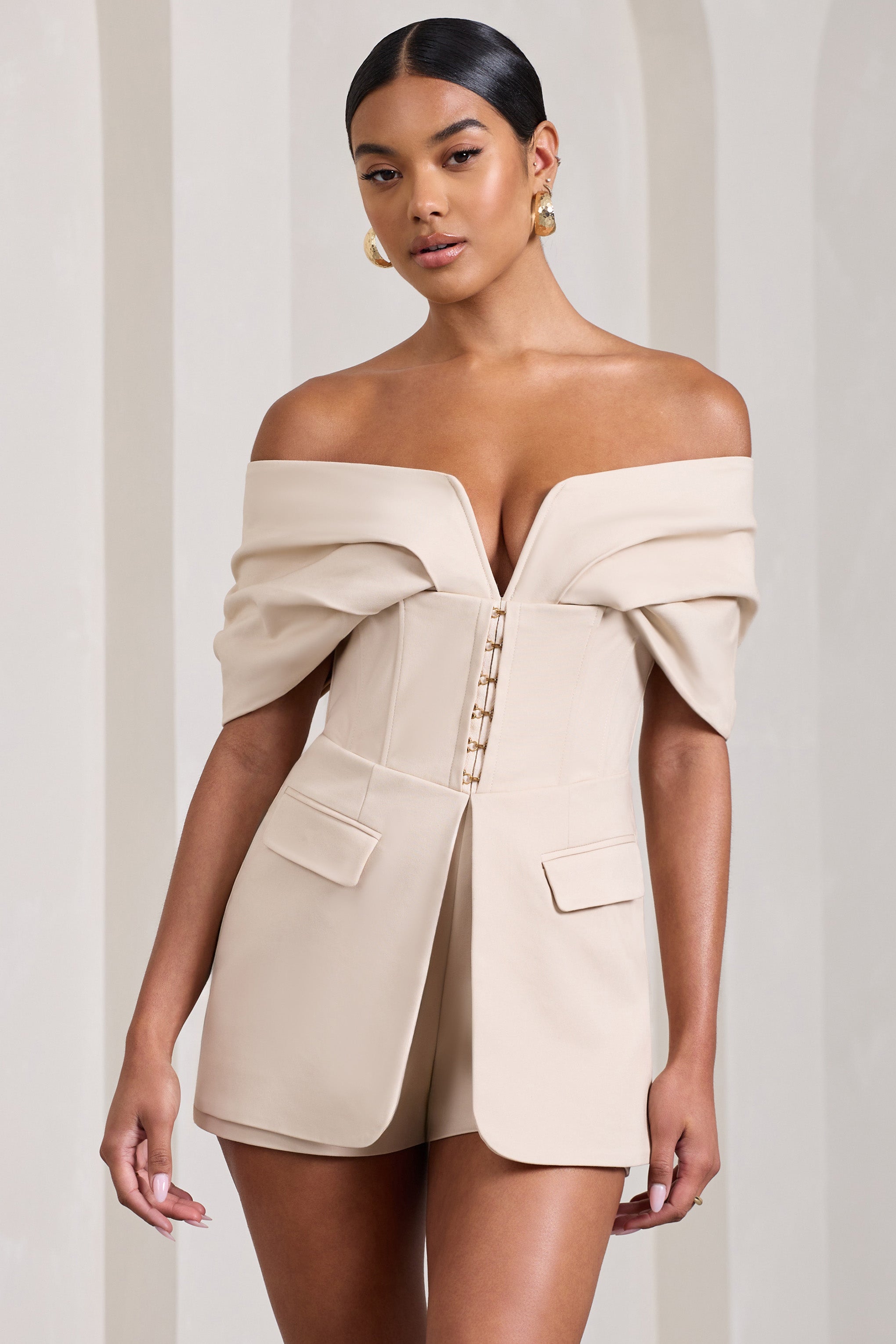 Damsel Stone Cotton-Blend Corset Bardot Playsuit-Babyboo Dress Store. All Rights Reserved.