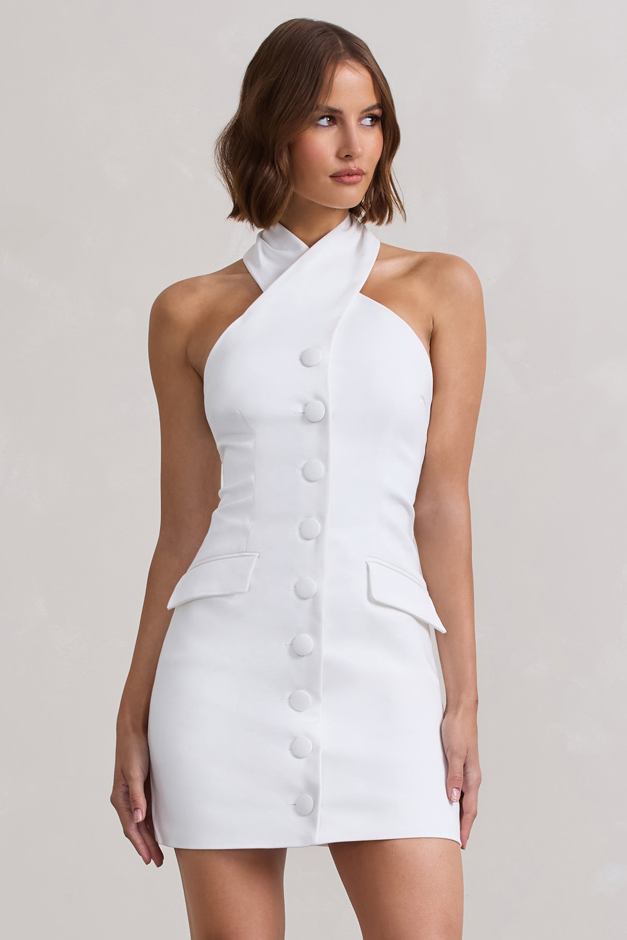 Dani White Halter Neck Tailored Buttoned Bodycon Mini Dress-Babyboo Dress Store. All Rights Reserved.