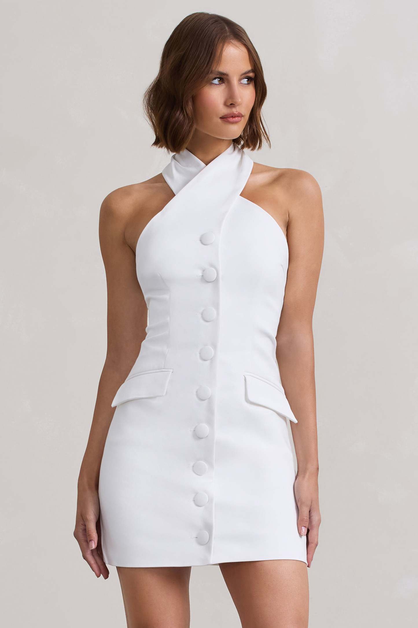 Dani White Halter Neck Tailored Buttoned Bodycon Mini Dress-Babyboo Dress Store. All Rights Reserved.