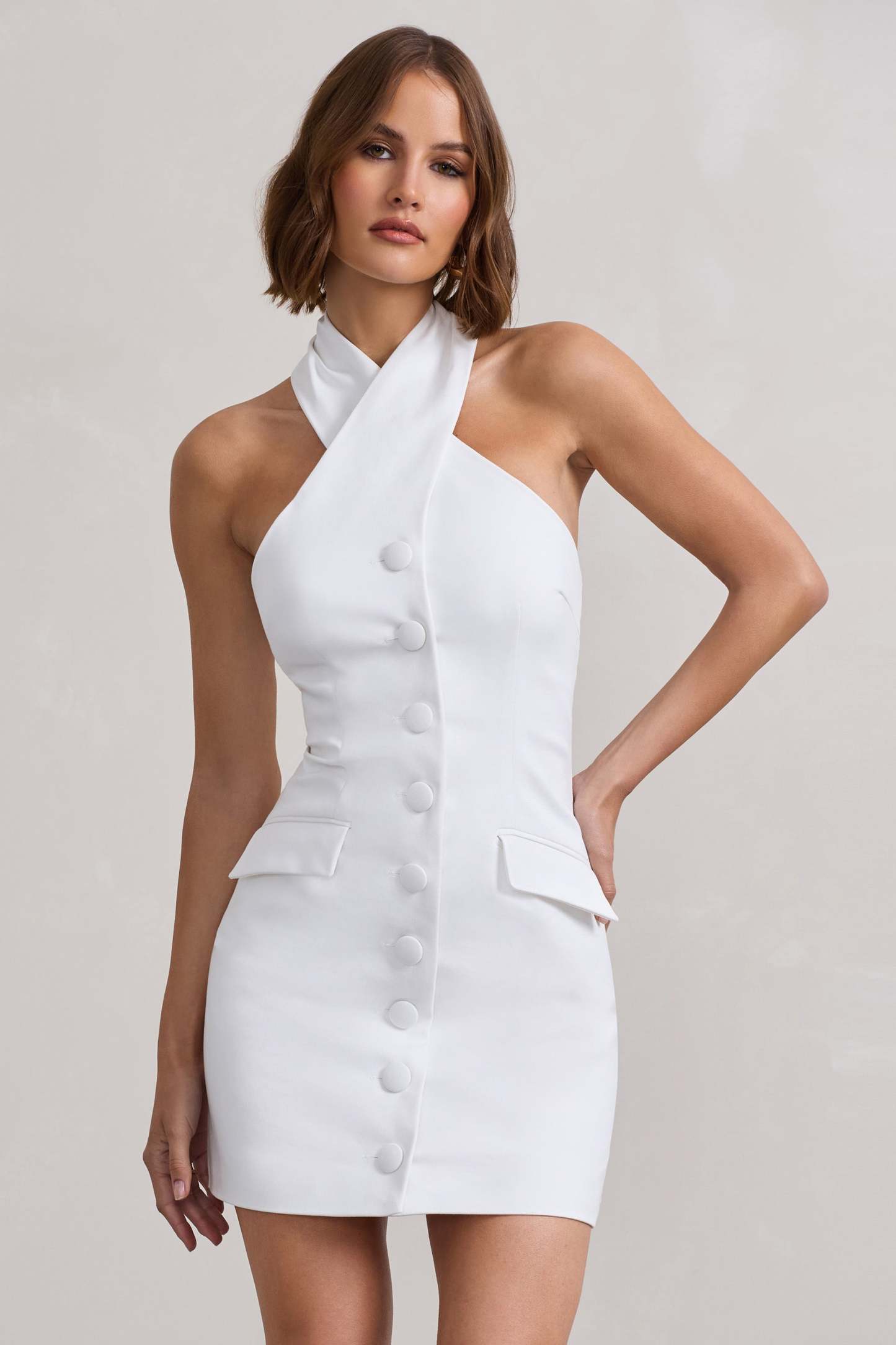 Dani White Halter Neck Tailored Buttoned Bodycon Mini Dress-Babyboo Dress Store. All Rights Reserved.