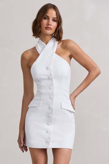 Dani White Halter Neck Tailored Buttoned Bodycon Mini Dress-Babyboo Dress Store. All Rights Reserved.